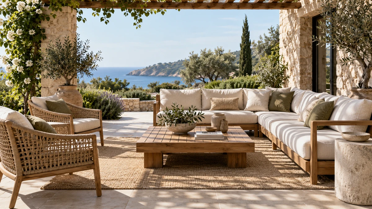 Terraza mediterránea con mobiliario de teca