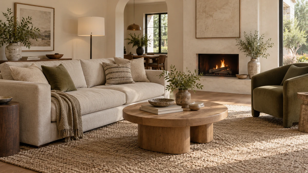 Salón contemporáneo con sofá y mesa de madera