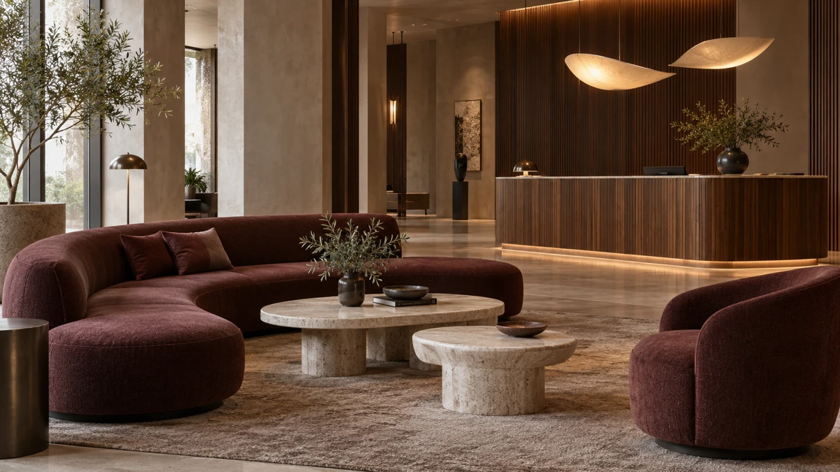 Lobby de hotel con mobiliario lounge