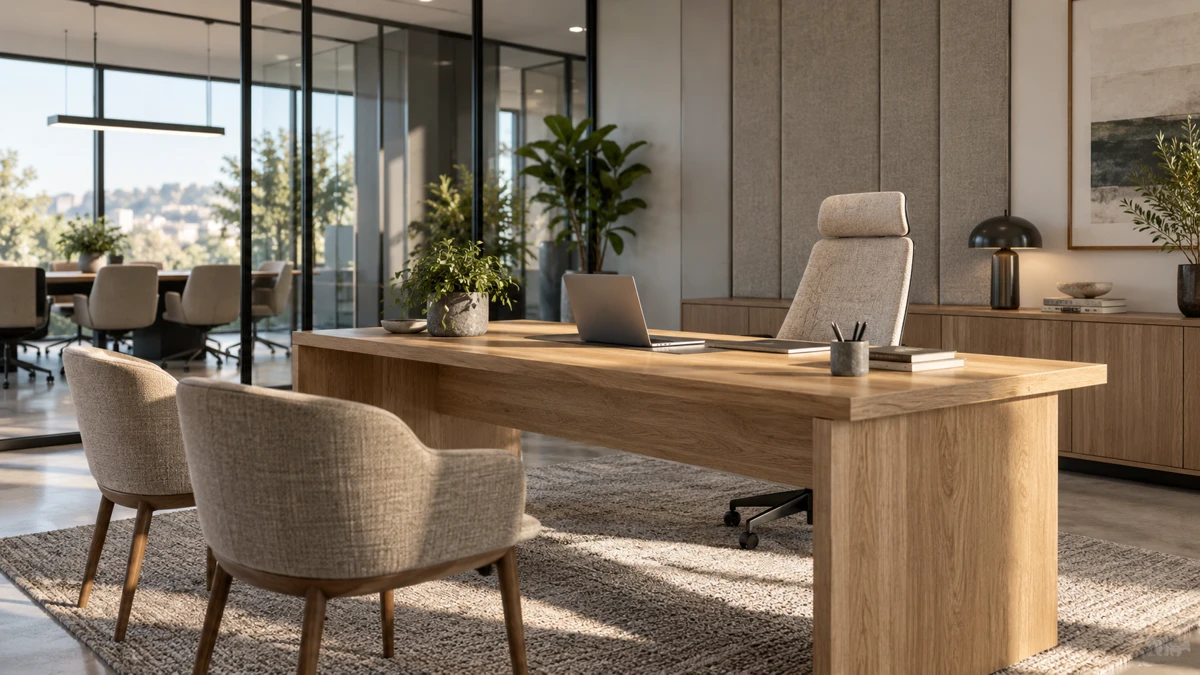Oficina contemporánea con escritorio y silla tapizada
