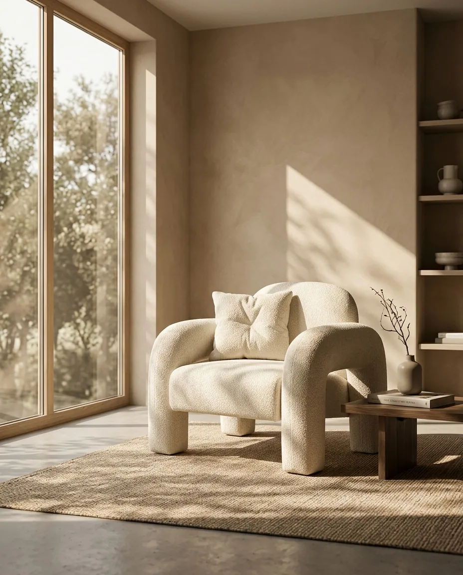 Butaca de bouclé en luz de mañana, imagen de ambiente creada con Roomsy Studio