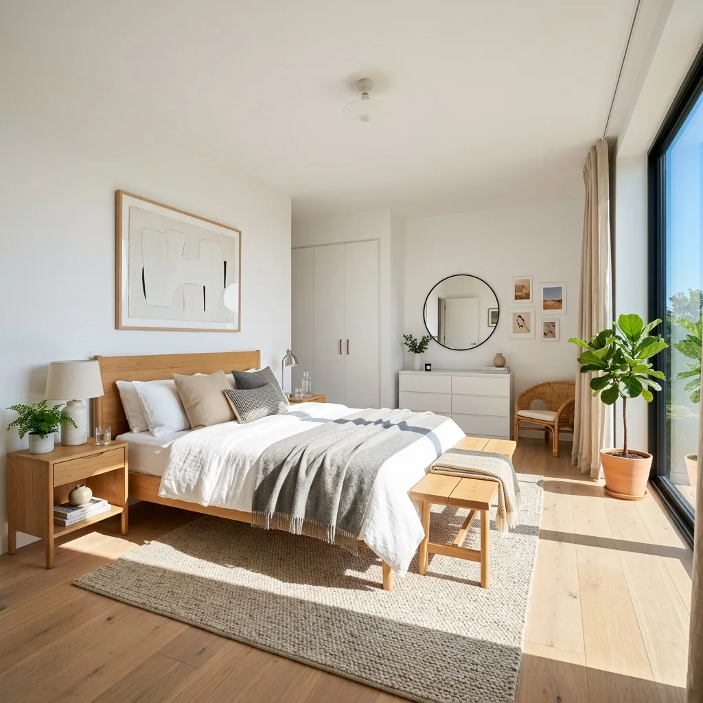 Cabecero de madera y textiles claros, imagen de ambiente creada con Roomsy Studio