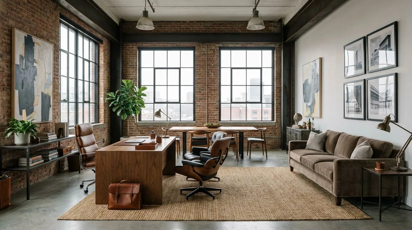 Espacio de trabajo de ladrillo visto, imagen de ambiente creada con Roomsy Studio