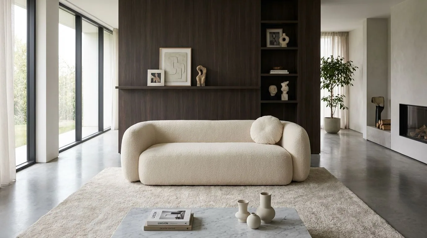 Sofá curvo beige en un salón japandi de madera con luz cálida