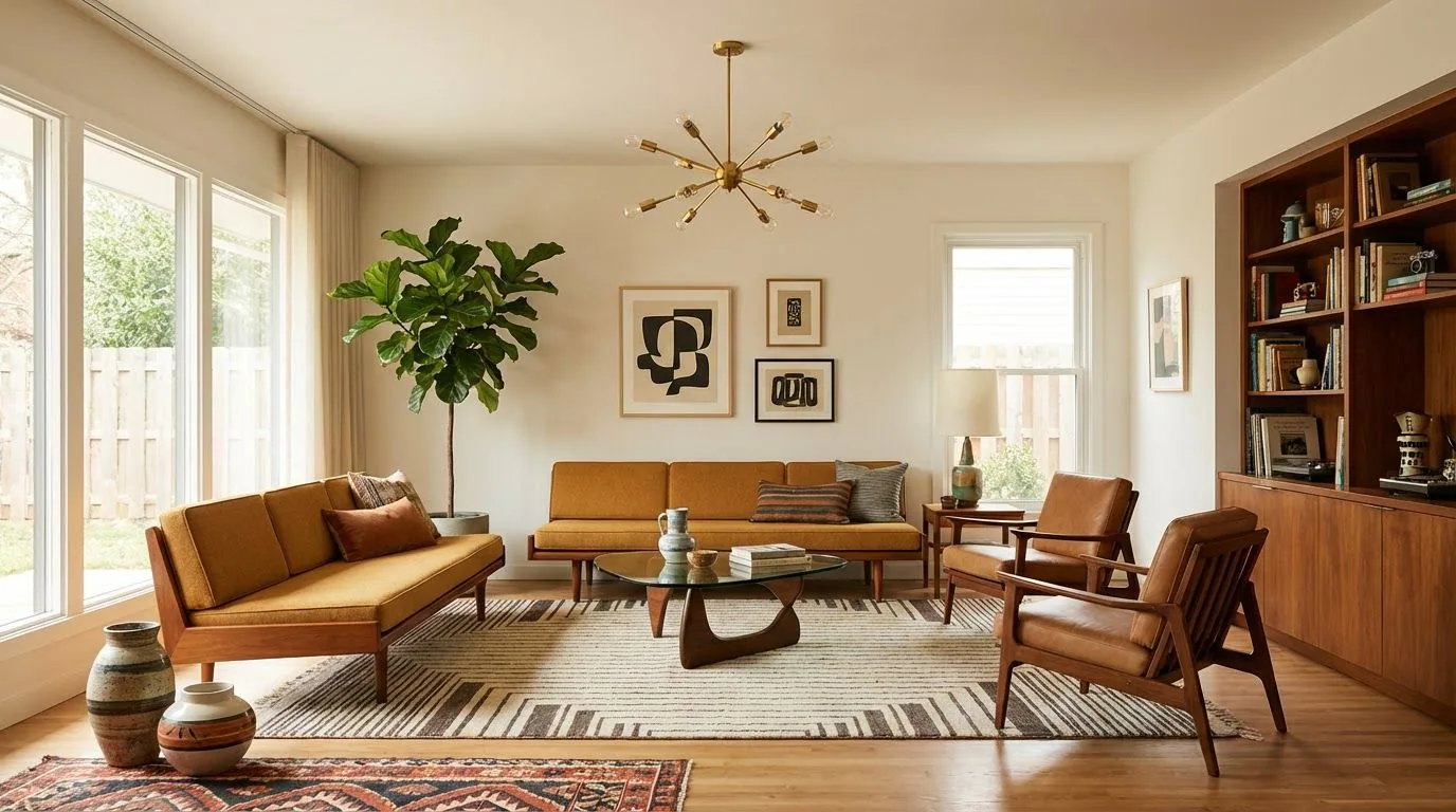 Sofá de cuero y alfombra kilim, imagen de ambiente creada con Roomsy Studio