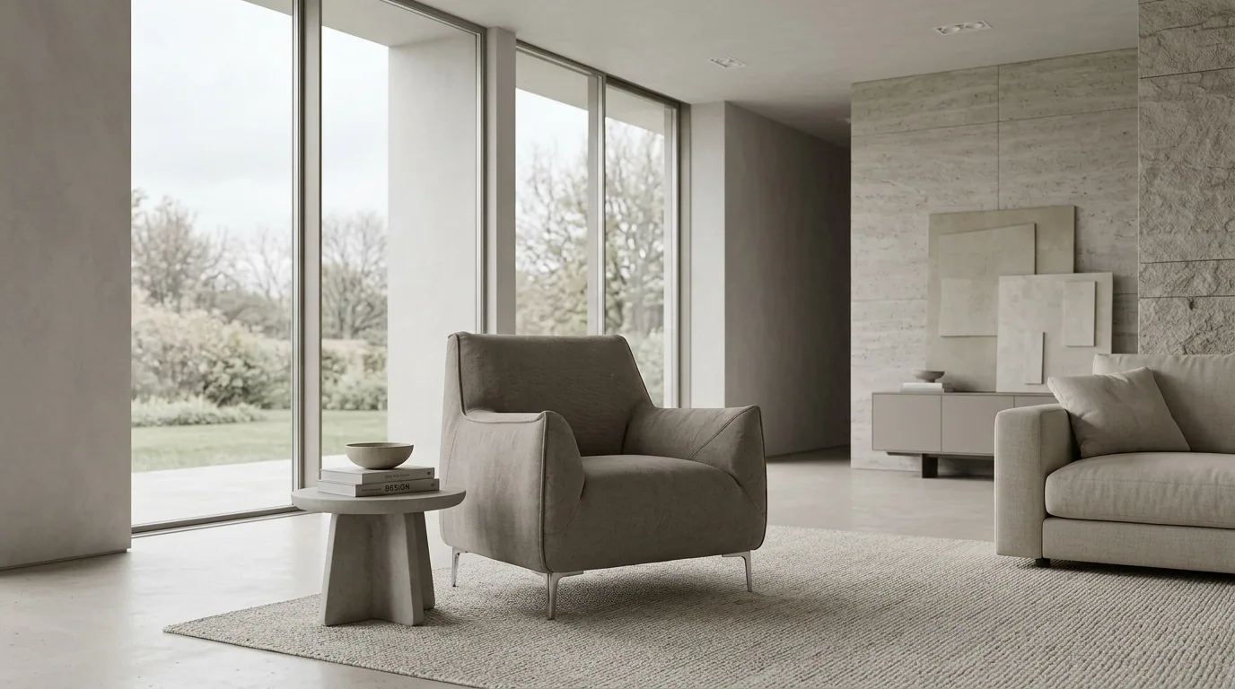 Salón blanco con luz difusa, imagen de ambiente creada con Roomsy Studio
