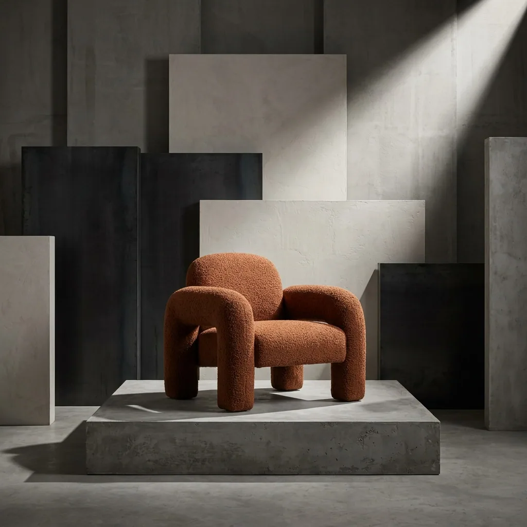 Sillón sobre volúmenes de hormigón, imagen de ambiente creada con Roomsy Studio
