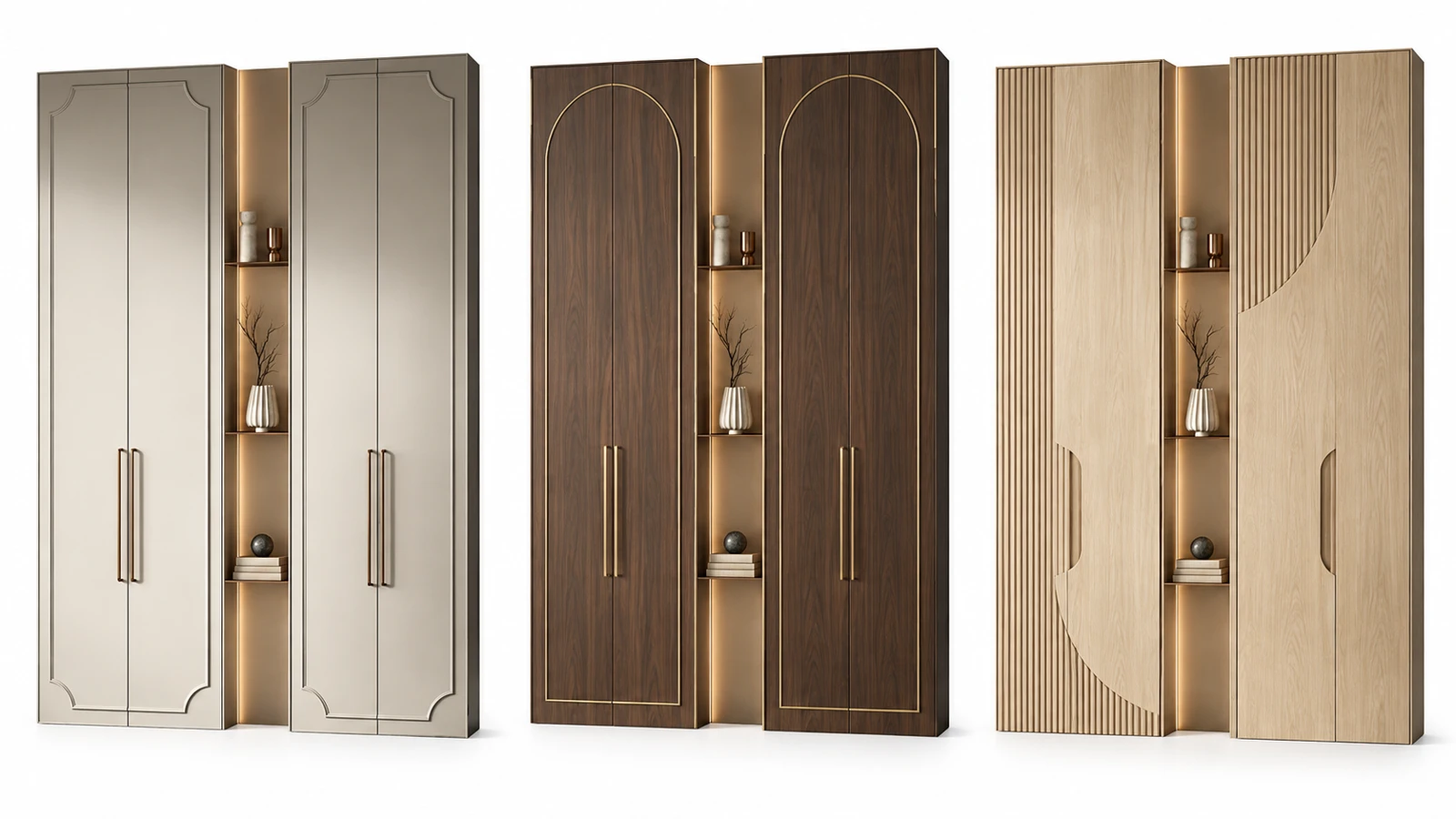 Tres versiones del mismo armario: original con molduras, elegante en nogal y latón, y contemporánea en roble con puertas acanaladas