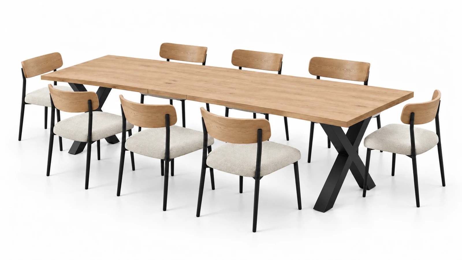 El mismo conjunto de mesa y sillas: ocho sillas, tres a cada lado y una en cada cabecera