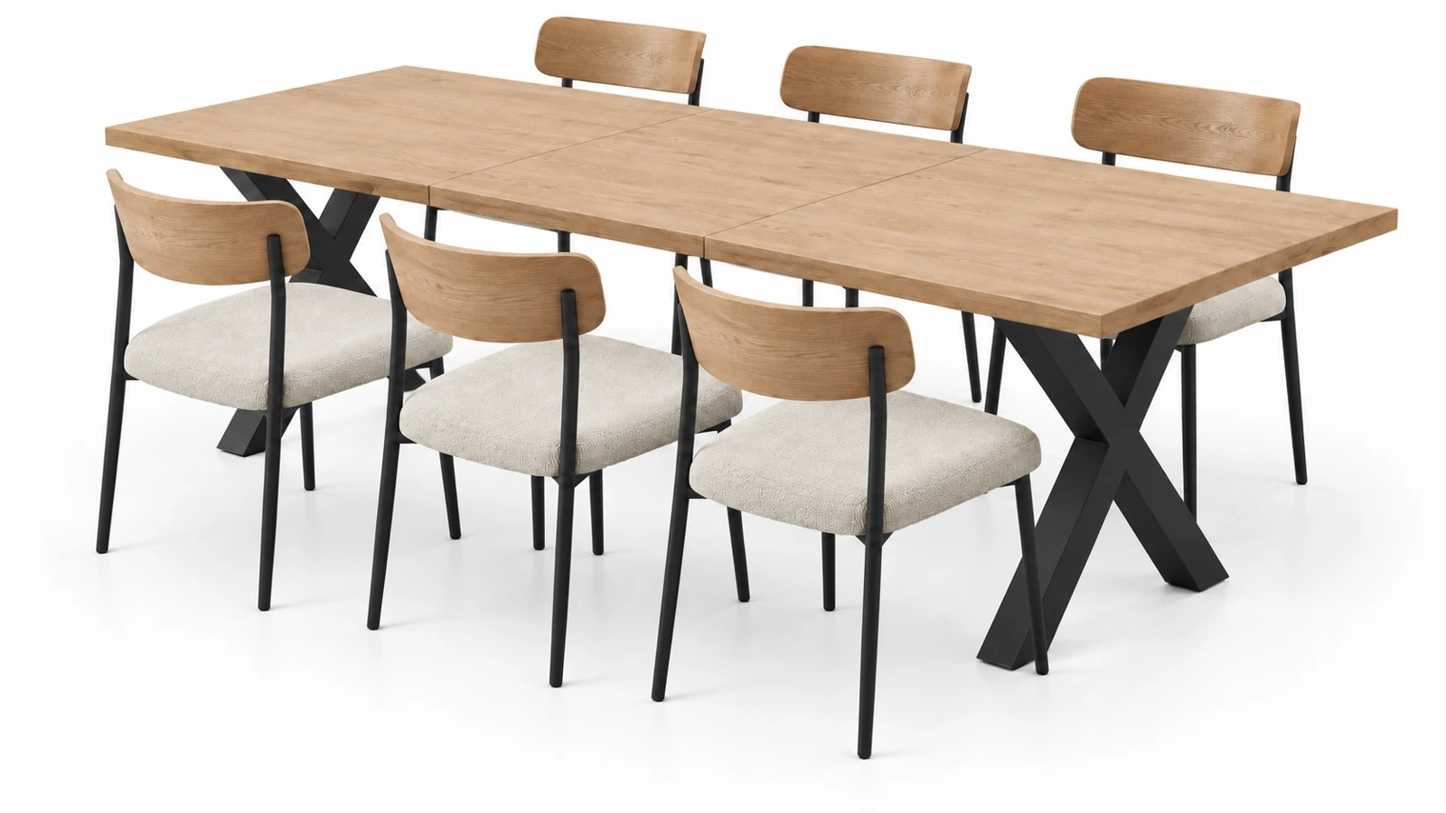 El mismo conjunto de mesa y sillas: mesa extendida con tres sillas a cada lado
