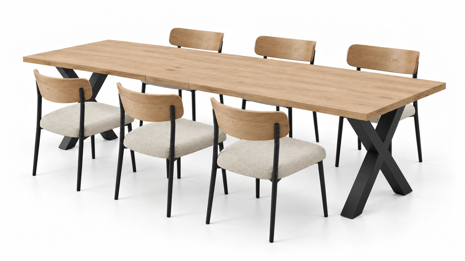 El mismo conjunto de mesa y sillas: mesa más larga con tres sillas originales a cada lado