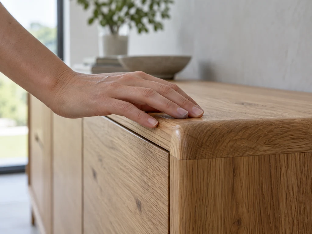 Primer plano de una mano tocando el canto redondeado de un aparador de roble, con la veta de la madera a la vista