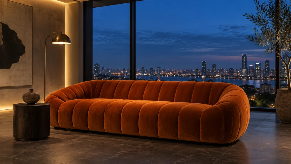 Salón a la hora azul con sofá de mohair naranja quemado frente a un ventanal con la ciudad iluminada, imagen generada con Roomsy Studio