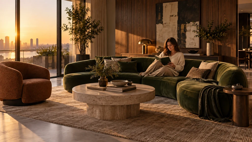 El mismo salón con una mujer leyendo un libro en el sofá, una manta, un árbol junto al ventanal, una lámpara de latón y ramas en el jarrón