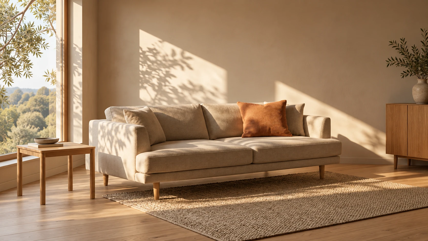 Salón cálido con luz rasante, ambientación de mobiliario creada con Roomsy Studio