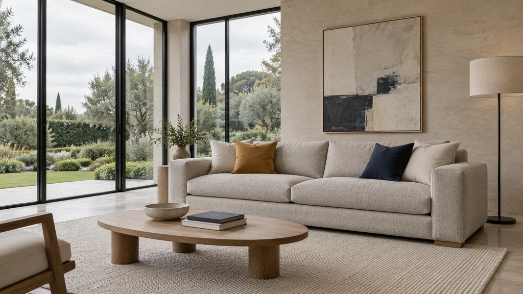 El mismo salón contemporáneo con sofá y grandes ventanales: luz natural suave