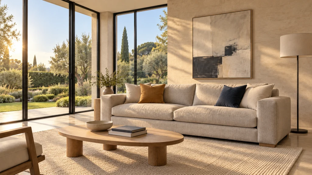 El mismo salón contemporáneo con sofá y grandes ventanales: sol de mañana