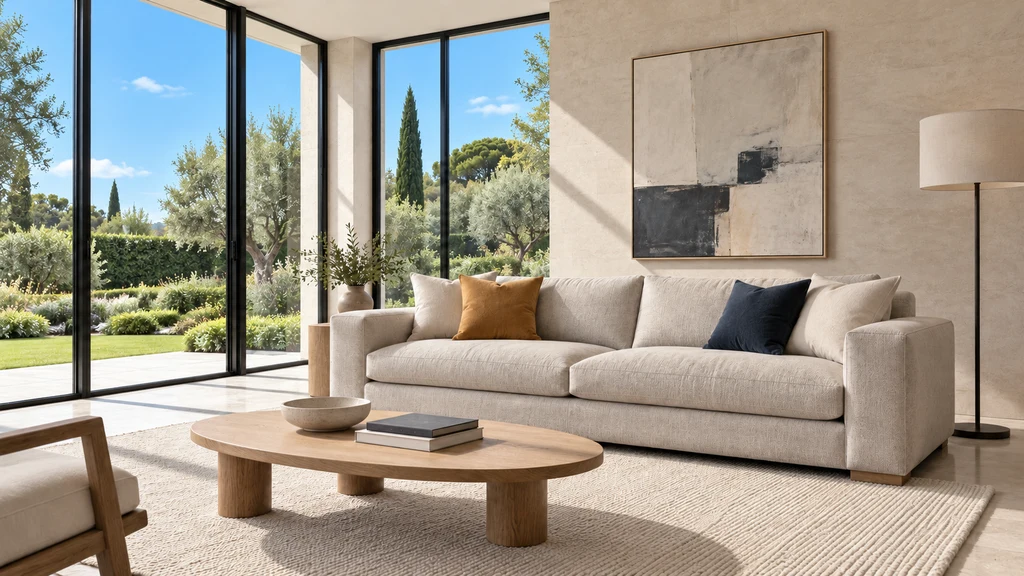 El mismo salón contemporáneo con sofá y grandes ventanales: día soleado