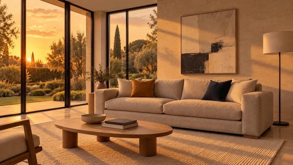 El mismo salón contemporáneo con sofá y grandes ventanales: atardecer