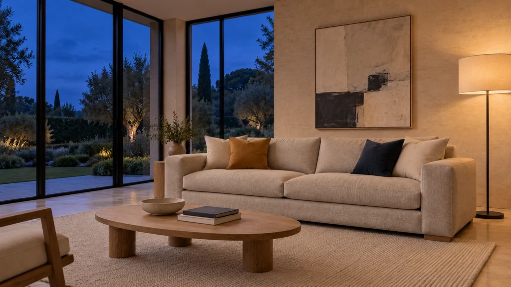 El mismo salón contemporáneo con sofá y grandes ventanales: hora azul