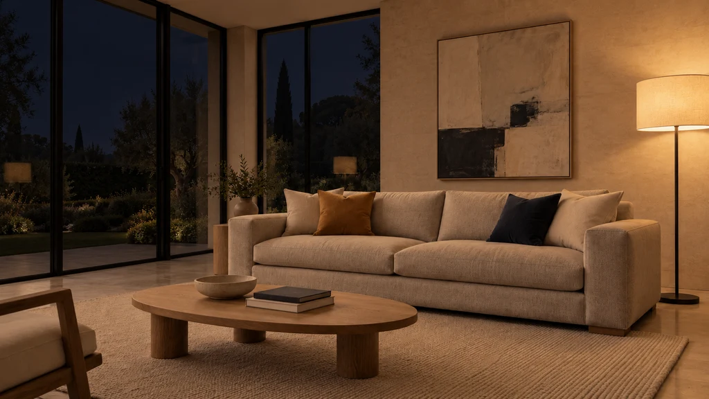 El mismo salón contemporáneo con sofá y grandes ventanales: nocturna