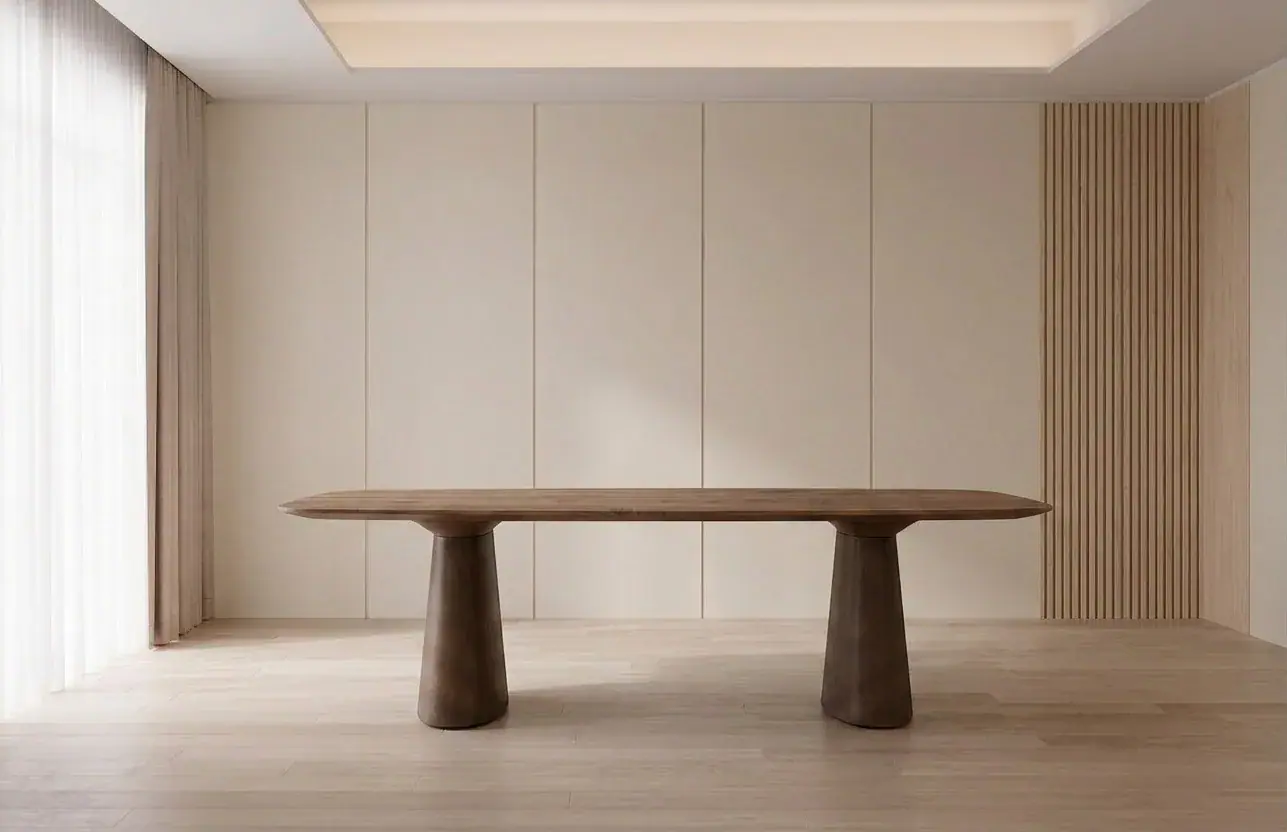 Comedor con una mesa de madera insertada sobre la fotografía original del espacio