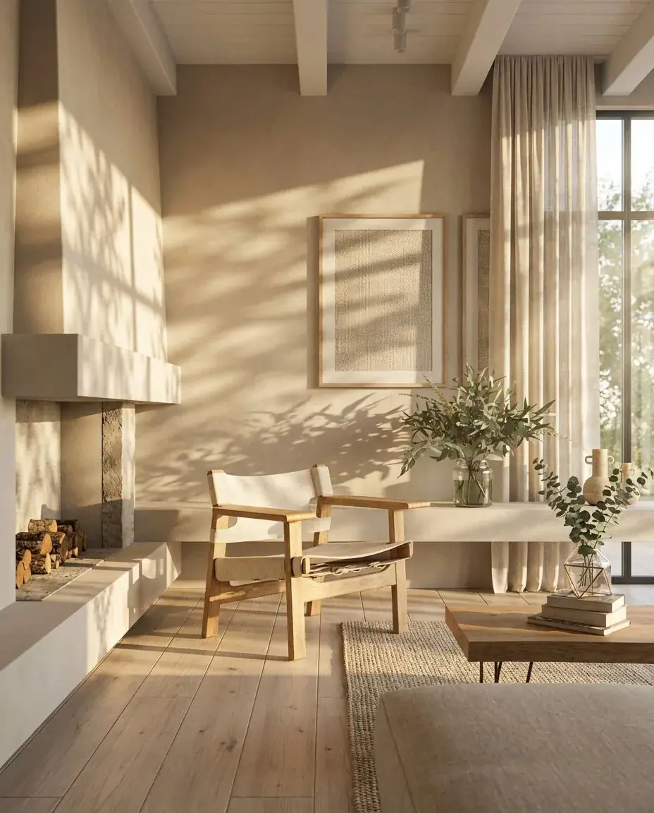 Salón con chimenea y butaca de madera colocada sobre la fotografía original