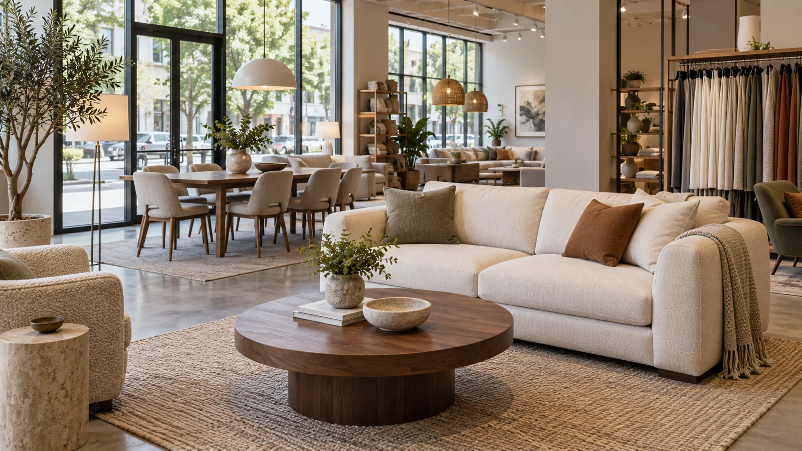 Showroom contemporáneo con exposiciones de mobiliario