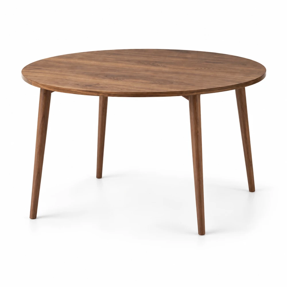 La misma mesa de nogal con patas cónicas