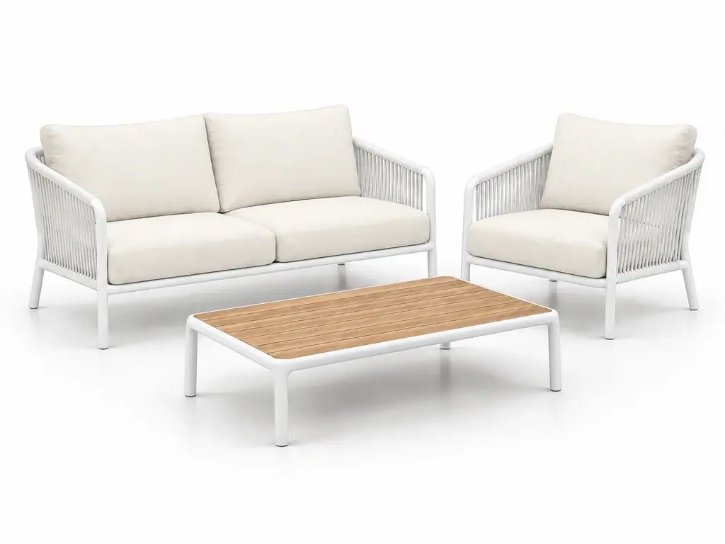 Conjunto exterior en acabado aluminio blanco, imagen generada con IA