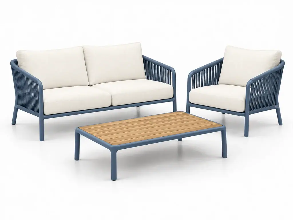 Conjunto exterior en acabado aluminio azul, imagen generada con IA
