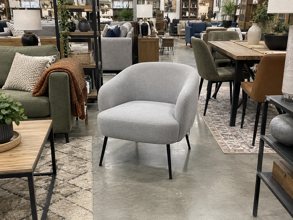 Foto de móvil de una butaca gris en un showroom lleno de muebles, la fotografía de partida