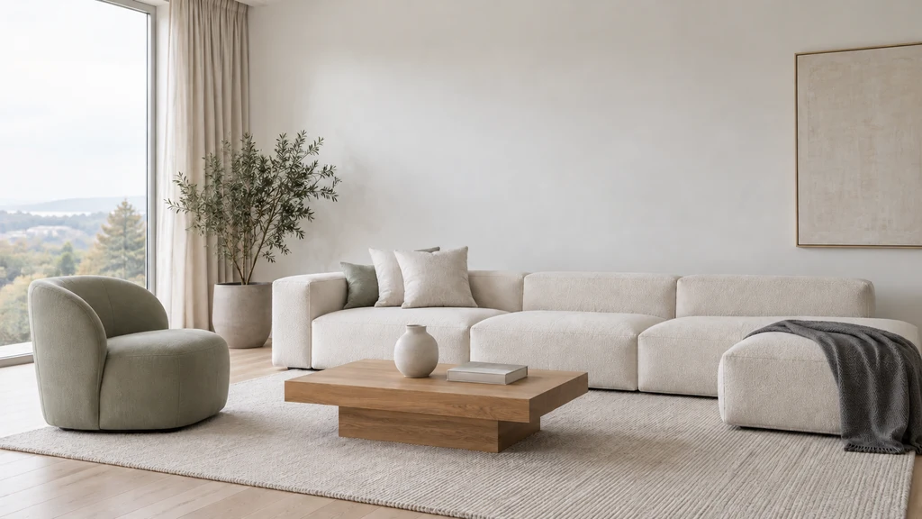 Salón minimalista con luz de día tras un retoque: la manta del sofá en gris marengo y el jarrón vacío
