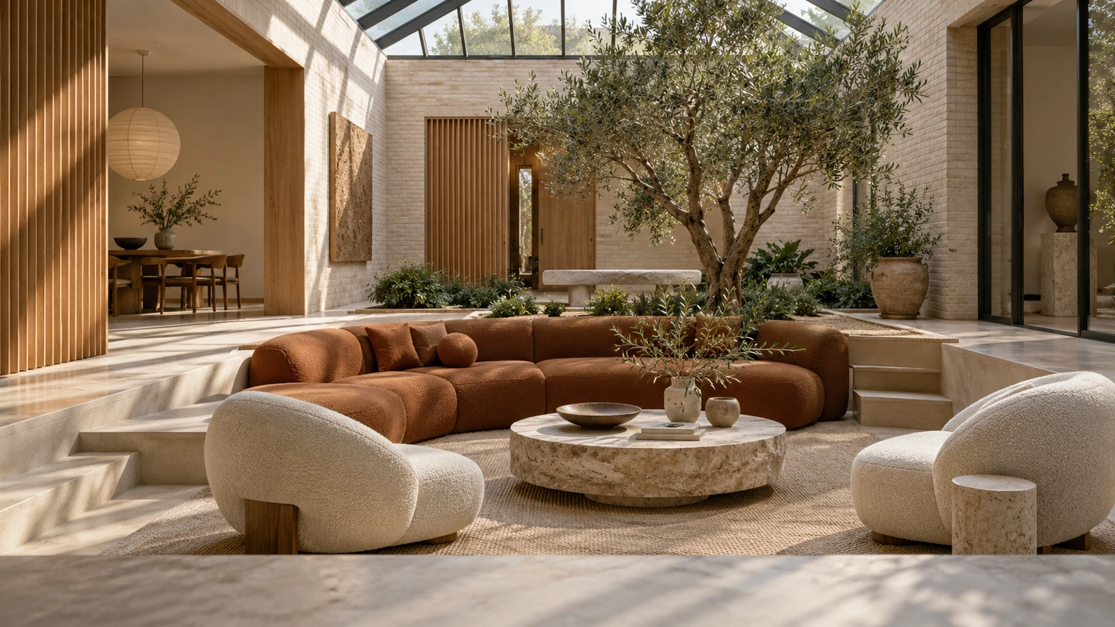 Salón contemporáneo bajo un atrio acristalado con sofá terracota