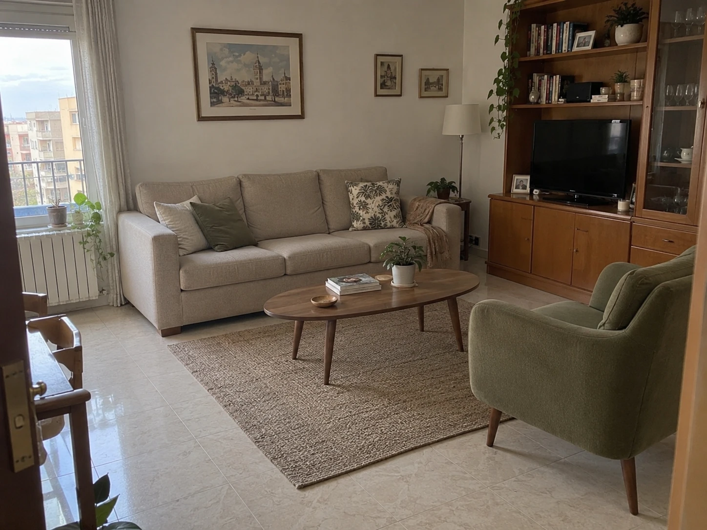 Foto informal del salón del cliente con un sofá beige, una mesa de nogal y una butaca oliva incorporados