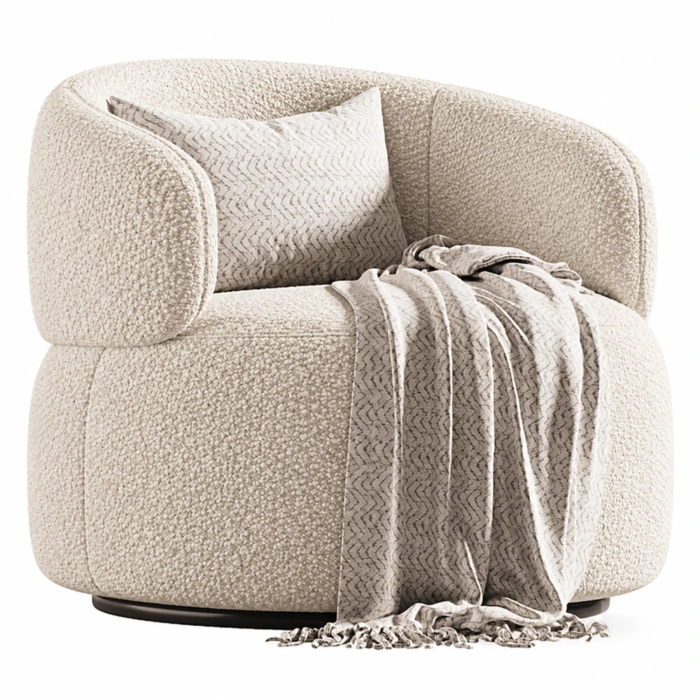 Sillón tapizado en bouclé, conservando el cojín y la manta originales