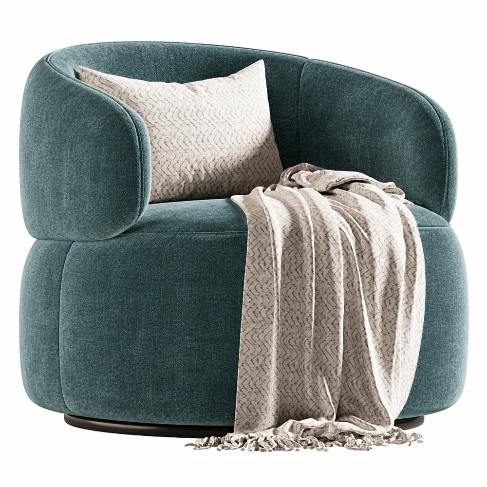 Sillón tapizado en chenilla y terciopelo, conservando el cojín y la manta originales