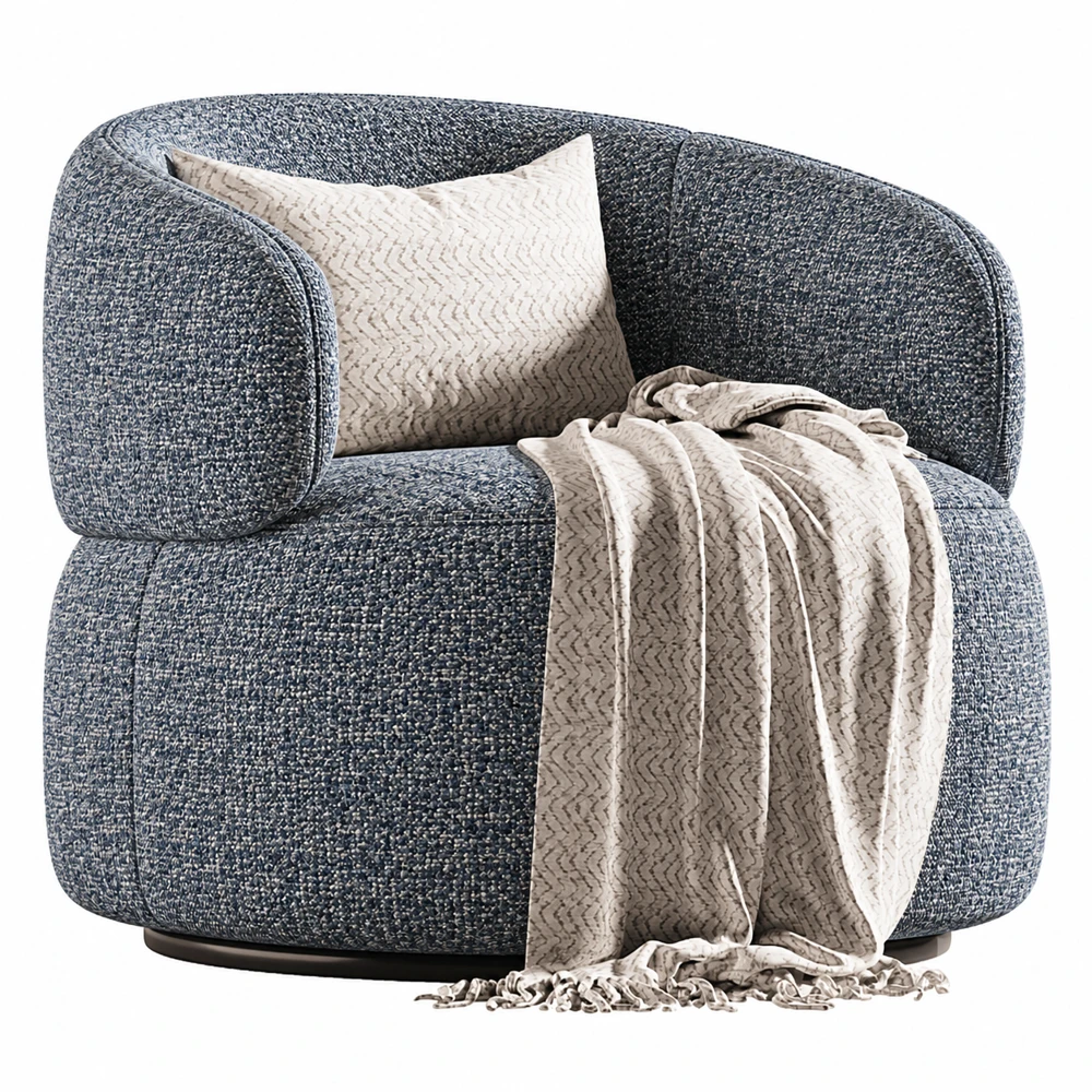 Sillón tapizado en tweed y jaspeados, conservando el cojín y la manta originales