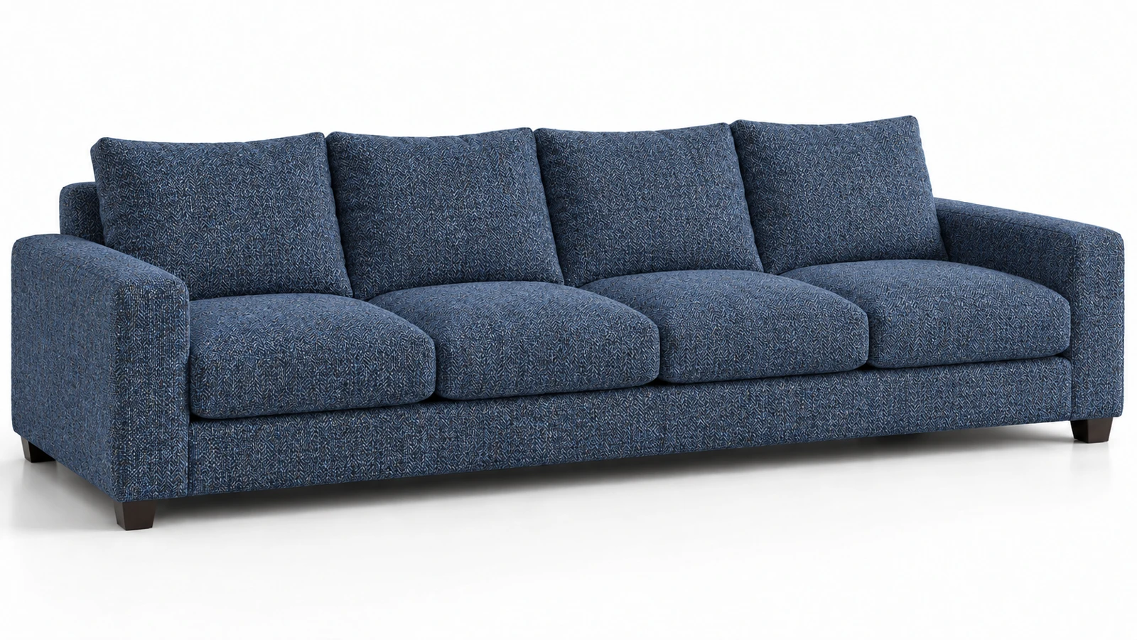 Sofá de cuatro plazas tapizado en tweed azul, con textura visible