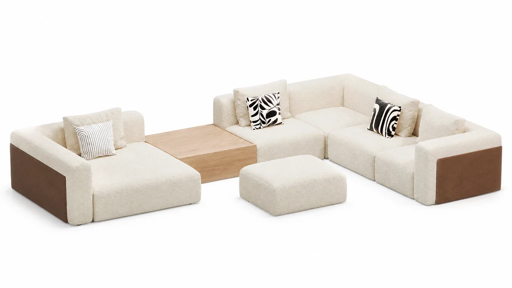 Sofá modular crema con paneles de madera: composición original