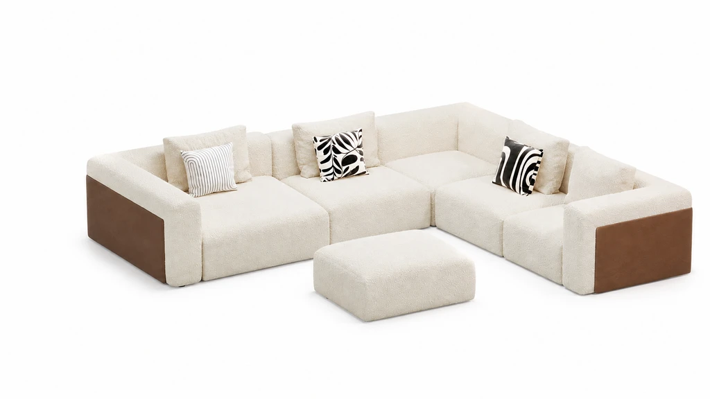 Sofá modular crema con paneles de madera: sin mesa, módulos unidos