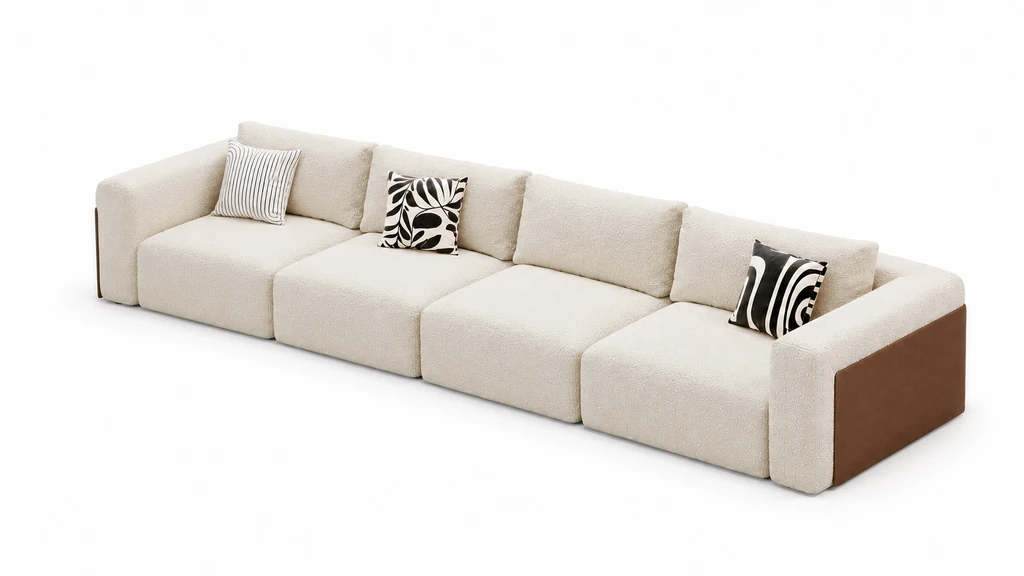 Sofá modular crema con paneles de madera: sofá de cuatro plazas
