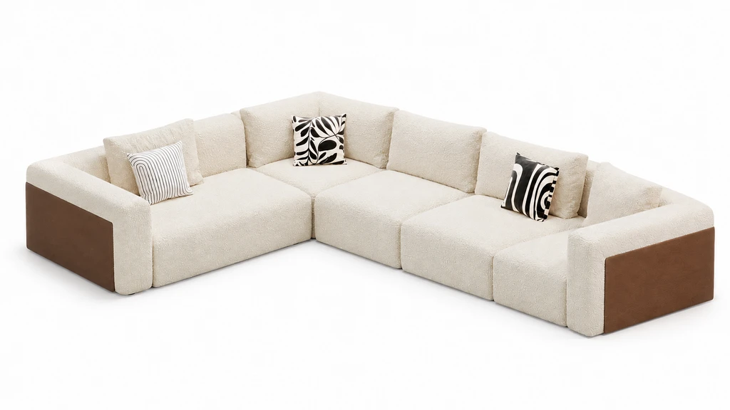 Sofá modular crema con paneles de madera: sofá en l · 3 × 2