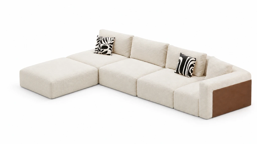 Sofá modular crema con paneles de madera: sofá recto con chaise longue