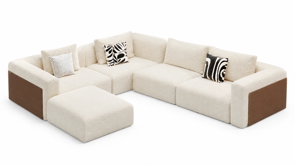 Sofá modular crema con paneles de madera: sofá en l con chaise longue