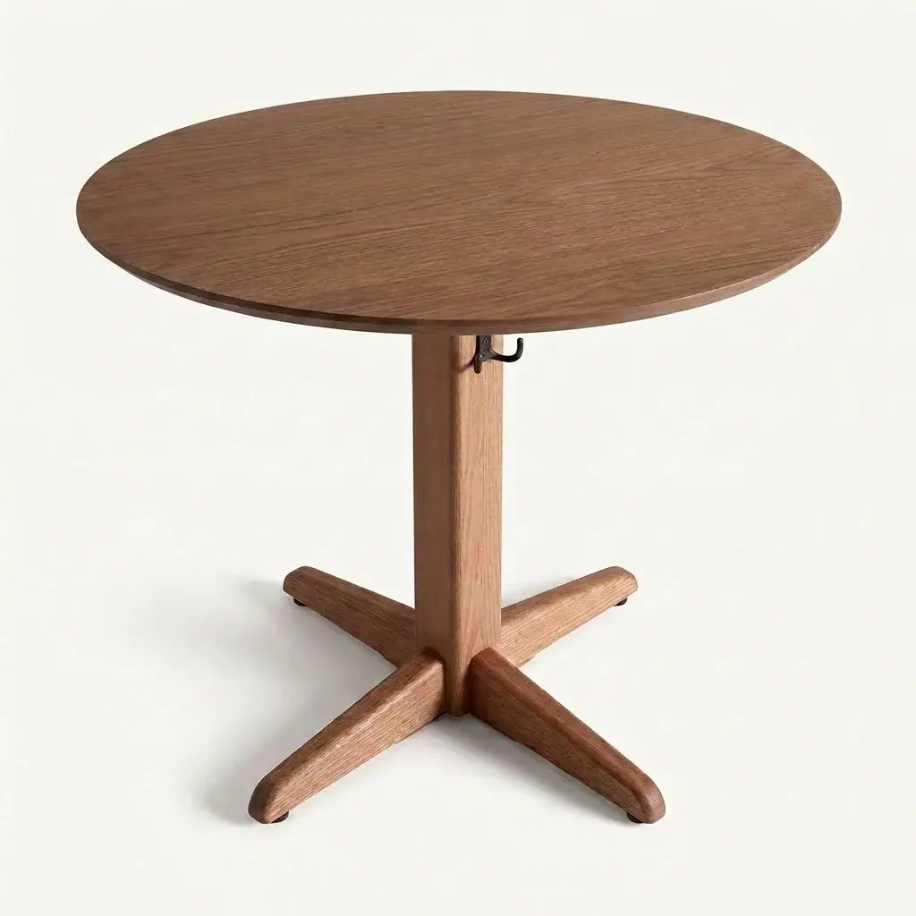 Mesa redonda de nogal con base de madera en cruz