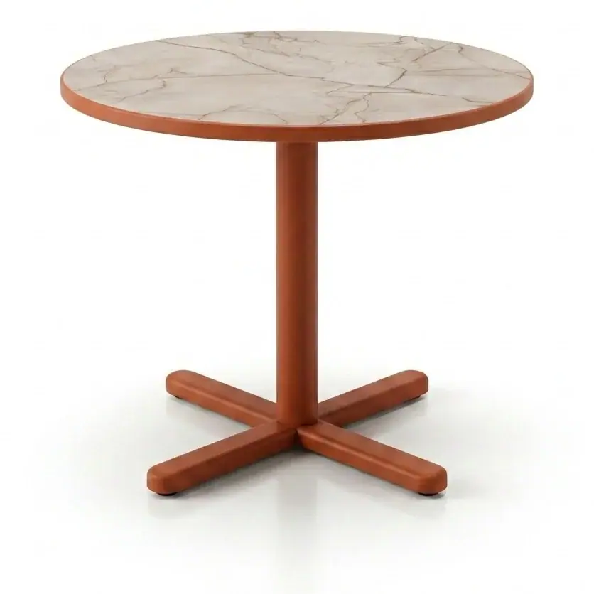 La misma mesa con tablero de mármol y pie central estrecho
