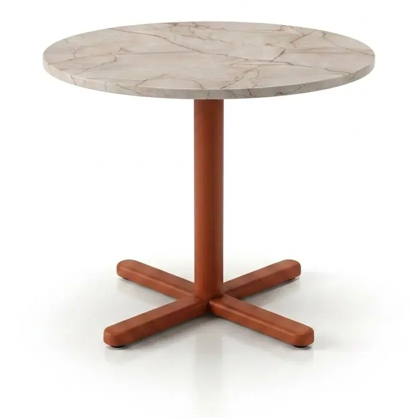 La misma mesa con tablero de mármol y base en cruz terracota
